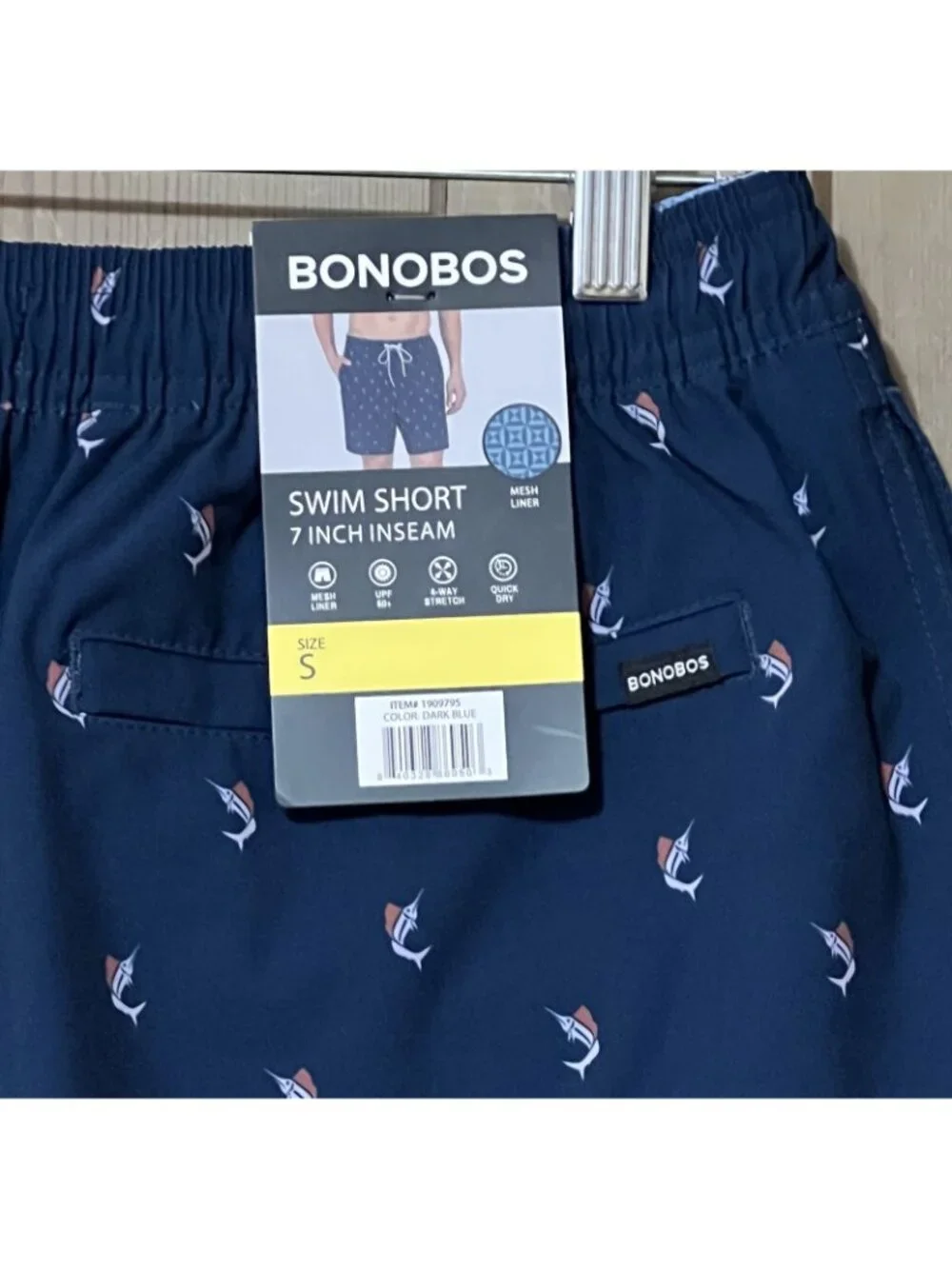 Bonobos Marlin Print Swim Trunks Small Blue UPF 50 Quick Dry 7in Mesh Lined NWT
